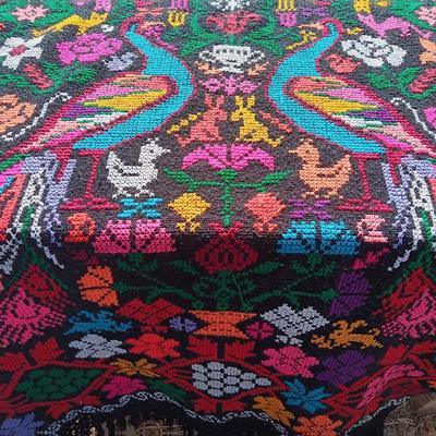 Black Peacock Design woven linen for wear or decor