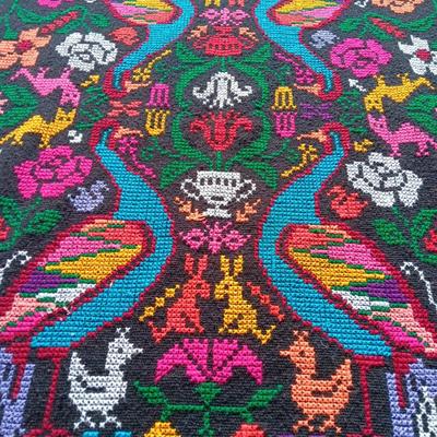 Black Peacock Design woven linen for wear or decor