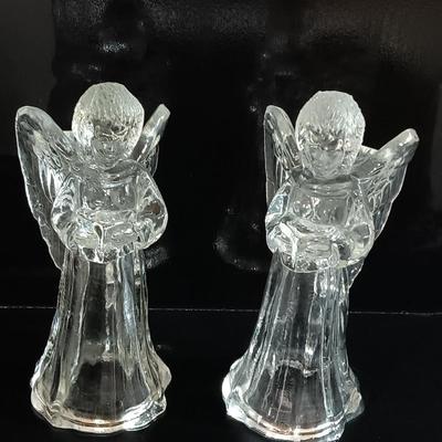 Vintage Pair ANGELS Candle Holders 7" Harp Flute Hand Blown Glass Art Thick Heavy Lead
