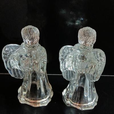 Vintage Pair ANGELS Candle Holders 7" Harp Flute Hand Blown Glass Art Thick Heavy Lead