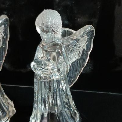 Vintage Pair ANGELS Candle Holders 7" Harp Flute Hand Blown Glass Art Thick Heavy Lead