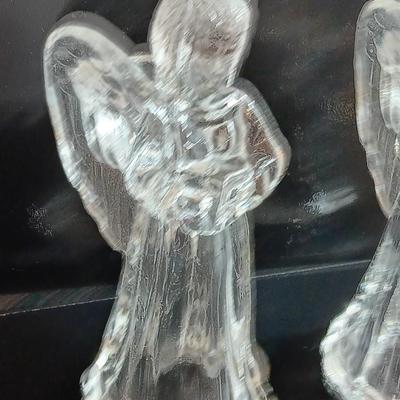 Vintage Pair ANGELS Candle Holders 7" Harp Flute Hand Blown Glass Art Thick Heavy Lead