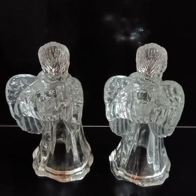 Vintage Pair ANGELS Candle Holders 7" Harp Flute Hand Blown Glass Art Thick Heavy Lead