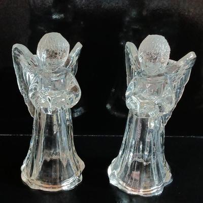 Vintage Pair ANGELS Candle Holders 7" Harp Flute Hand Blown Glass Art Thick Heavy Lead
