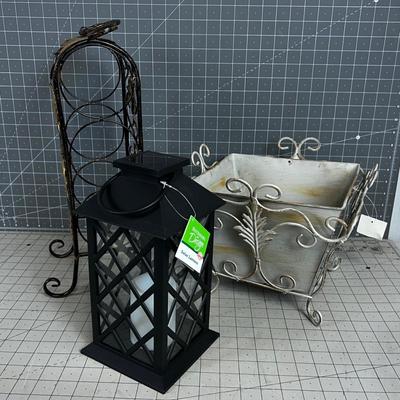 Decorative Metal Item: Candle Lantern, Wine Etc. (3 pieces) 