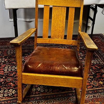 Arts & Crafts Rocking Chair, Reddish Seat HAS A FEW REPAIRS ON IT! 