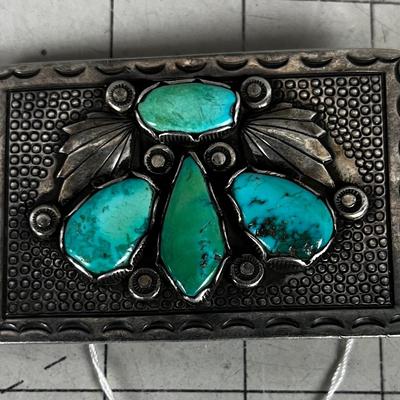 Sterling Silver & Turquoise OLD PAWN Belt Buckle 
