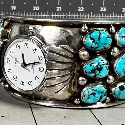 Vintage Old Pawn Silver and Turquoise Watch Cuff Marked FG 