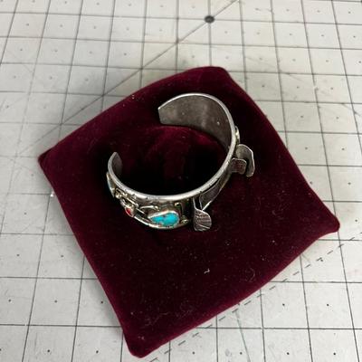 Men's Watch Cuff Turquoise, Coral and Silver Marked OJ 