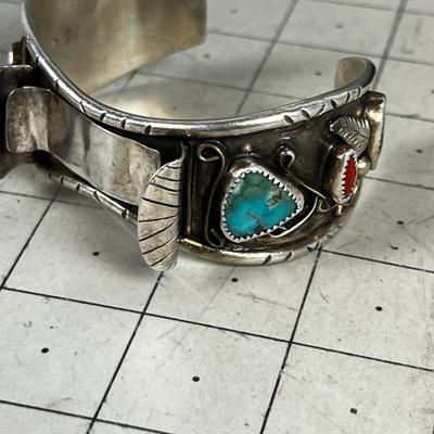 Men's Watch Cuff Turquoise, Coral and Silver Marked OJ 