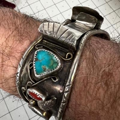 Men's Watch Cuff Turquoise, Coral and Silver Marked OJ 