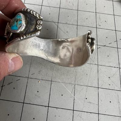 Men's Watch Cuff Turquoise, Coral and Silver Marked OJ 