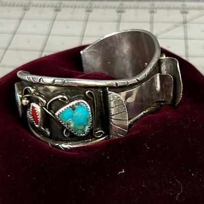 Men's Watch Cuff Turquoise, Coral and Silver Marked OJ 