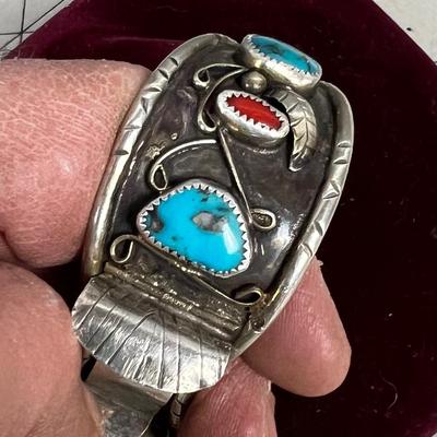 Men's Watch Cuff Turquoise, Coral and Silver Marked OJ 
