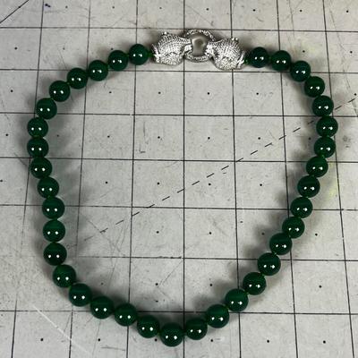 Green Jade Beads with AWESOME Panther Like Clasp