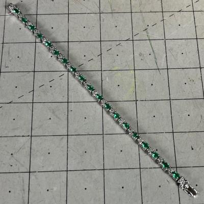 925 Silver with a green Stone TENNIS Bracelet 