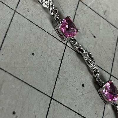 925 Silver with a Pink Square Cut Stone TENNIS Bracelet 