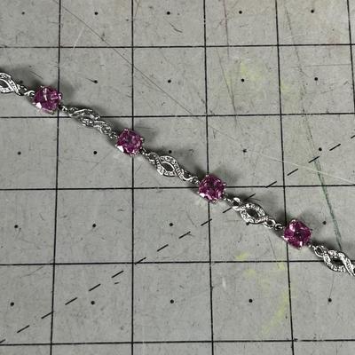 925 Silver with a Pink Square Cut Stone TENNIS Bracelet 