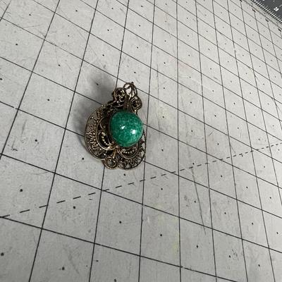 Vintage Victorian Style Filagree  with Green Cabochon  Brooch