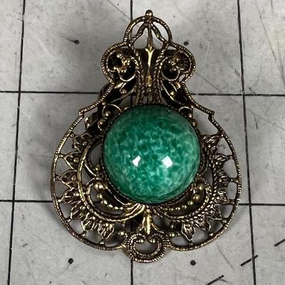 Vintage Victorian Style Filagree  with Green Cabochon  Brooch