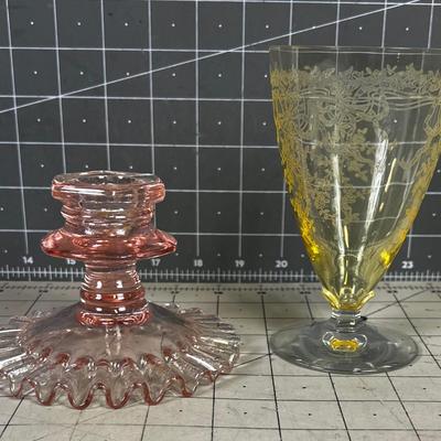 2 Pieces of Depression Glass Pink & Yellow 