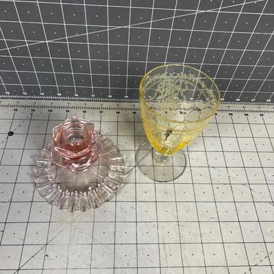 2 Pieces of Depression Glass Pink & Yellow 