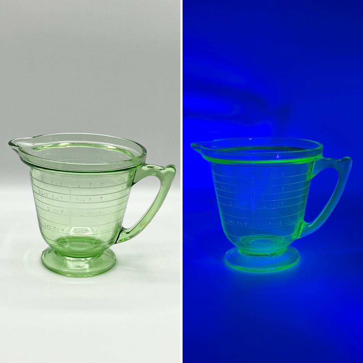 Vintage Vaseline 2 Cup Measuring Cup Pitcher Uranium Green Depression Glass