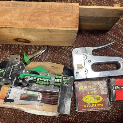 Staple guns and staples with vintage box
