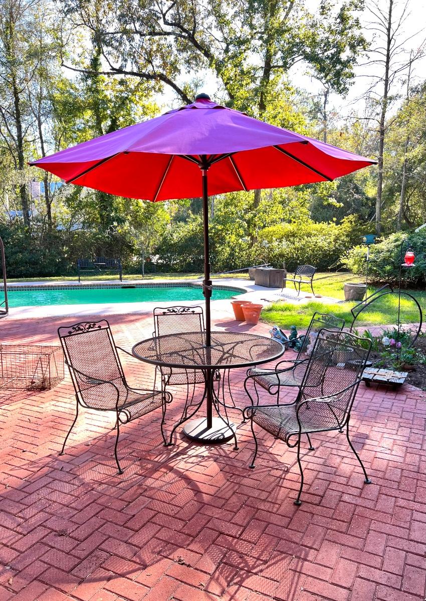 Wrought Iron Patio Table Set with 4 Arm Chairs, Umbrella, and Umbrella