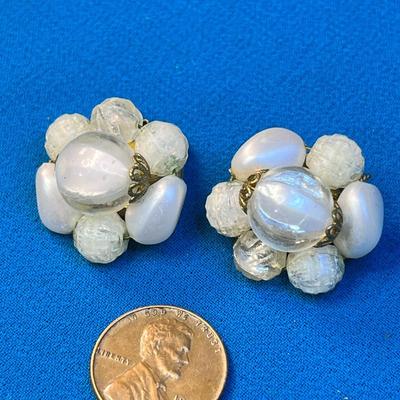 FANCY CLUSTER BEAD EARRINGS WHITE AND CLEAR MADE IN WEST GERMANY