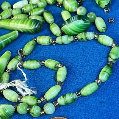 PRETTY GREEN SWIRLED GLASS BEADS FOR NECKLACE, NEED RESTRINGING