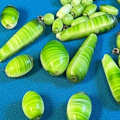 PRETTY GREEN SWIRLED GLASS BEADS FOR NECKLACE, NEED RESTRINGING