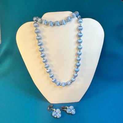 BLUE SILK WRAPPED BEAD NECKLACE AND EARRING SET
