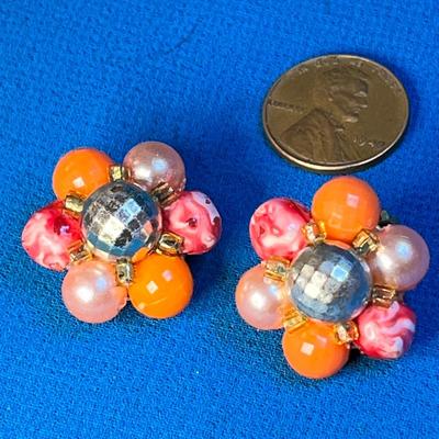 VINTAGE RED, ORANGE CLUSTER BEAD EARRINGS