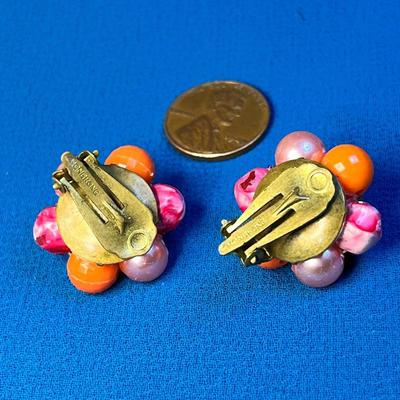 VINTAGE RED, ORANGE CLUSTER BEAD EARRINGS