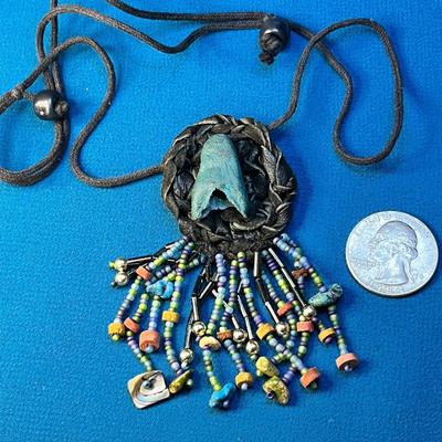 WOVEN BLACK LEATHER MULTI-BEAD FRINGED NECKLACE