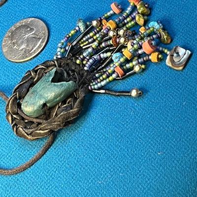 WOVEN BLACK LEATHER MULTI-BEAD FRINGED NECKLACE