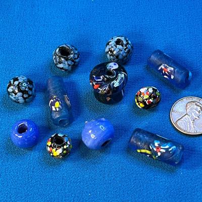 ASSORTED BLUE FUSED ART GLASS BEADS x 11