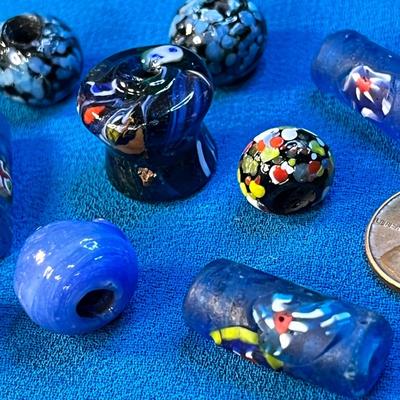 ASSORTED BLUE FUSED ART GLASS BEADS x 11