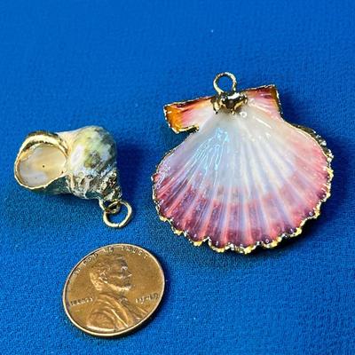 GOLD TONE TRIMMED REAL SEASHELL NECKLACE PENDANTS x 2