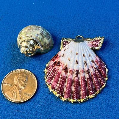 GOLD TONE TRIMMED REAL SEASHELL NECKLACE PENDANTS x 2