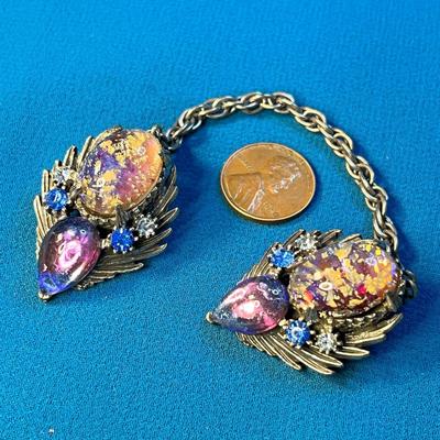LOVELY BLUE, PURPLE SWEATER CLIP w/ RHINESTONES, TEARDROP STONES, CABUCHONS