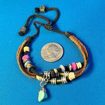 BOHO STYLE MULTI-BEAD BRACELET w/LEATHER CORD, TURQUOISE STONE