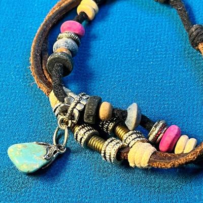 BOHO STYLE MULTI-BEAD BRACELET w/LEATHER CORD, TURQUOISE STONE