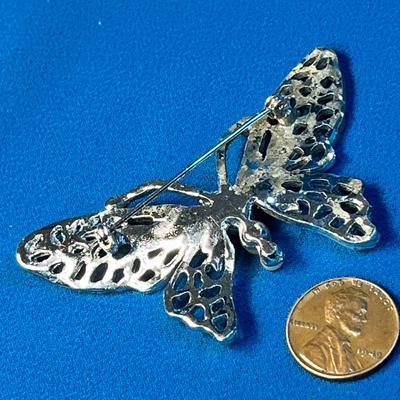 VINTAGE OPENWORK BUTTERFLY PIN w/FAUX PEARLS, RED RHINESTONE EYES