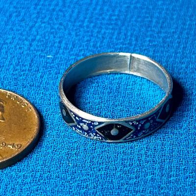 BLUE, BLACK CLOISONNE SILVERTONE RING MEXICO STERLING?
