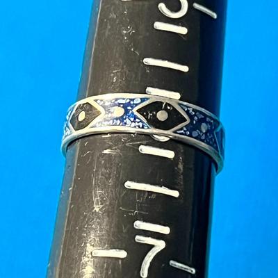 BLUE, BLACK CLOISONNE SILVERTONE RING MEXICO STERLING?