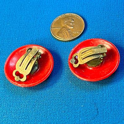 RED FACETED BUTTON EARRINGS MADE IN WESTERN GERMANY