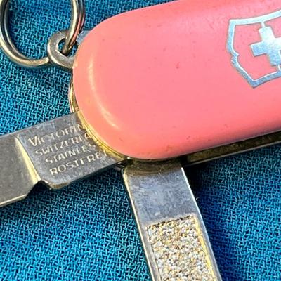 SMALL PINK 3-BLADE SWISS ARMY KNIFE w/ 2 ATTACHMENTS