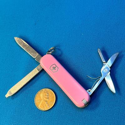 SMALL PINK 3-BLADE SWISS ARMY KNIFE w/ 2 ATTACHMENTS